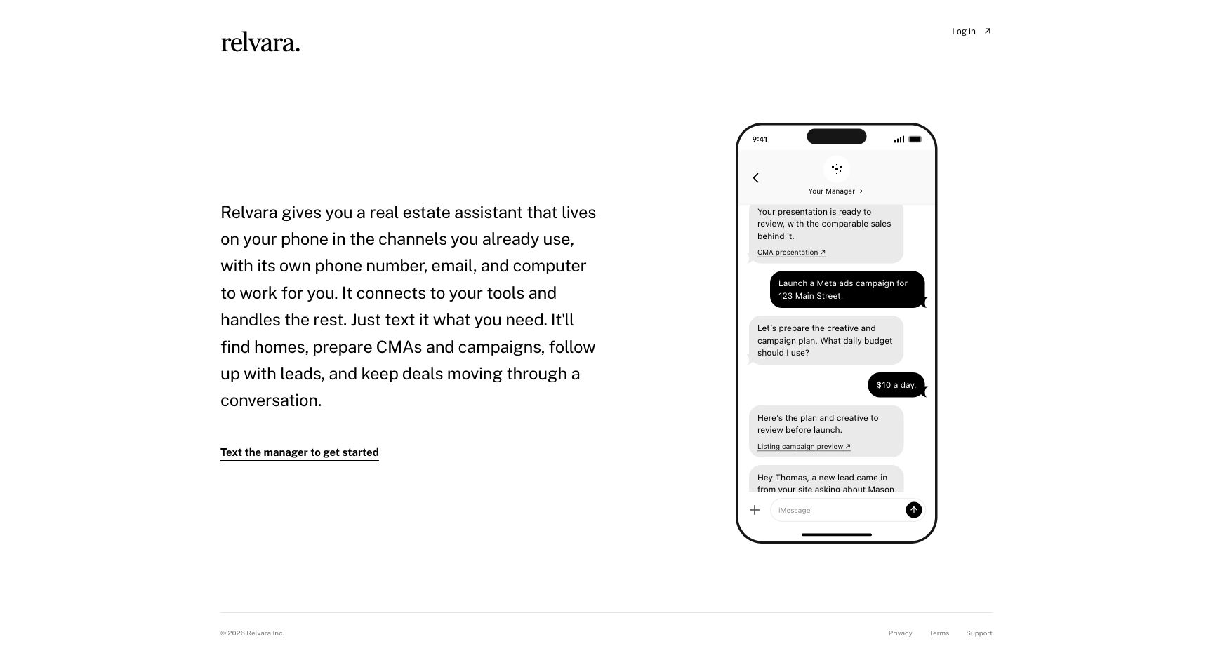 Relvara’s public homepage showing its conversational real estate assistant